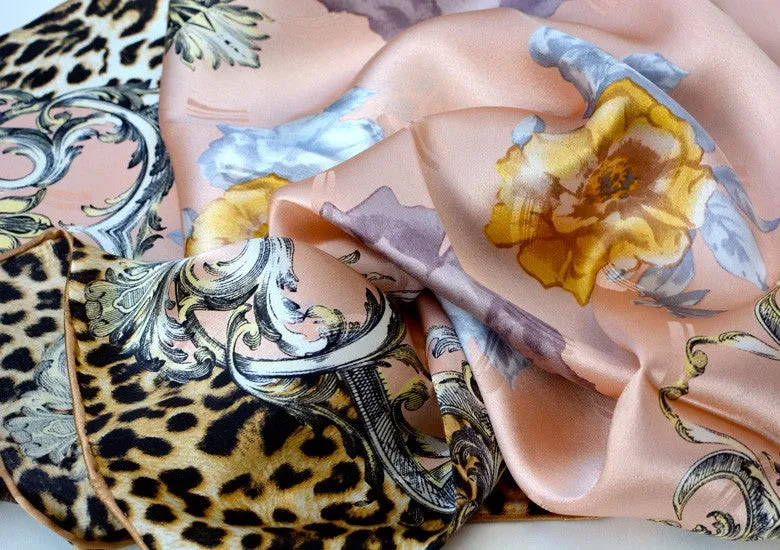 100% Pure Silk Scarves - Rose & Leopard