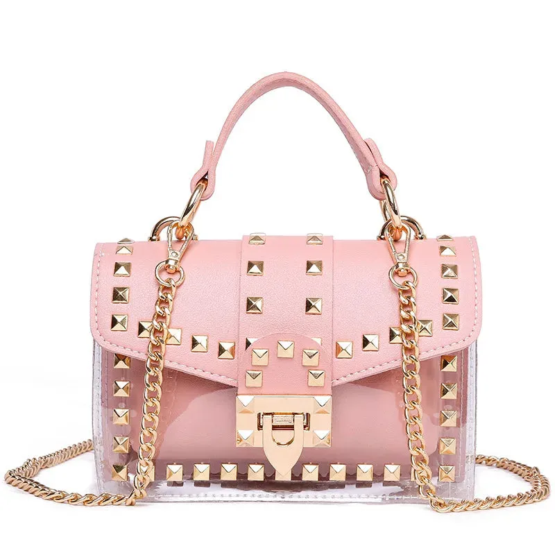 2022 New Chains Rivet Women Handbags Small White Black Pink Yellow Blue Pvc Hasp Handbags Summer Soft Shoulder Bags Cross Body