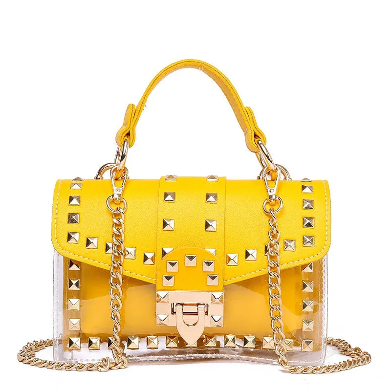 2022 New Chains Rivet Women Handbags Small White Black Pink Yellow Blue Pvc Hasp Handbags Summer Soft Shoulder Bags Cross Body