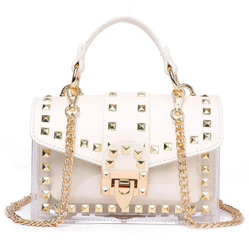2022 New Chains Rivet Women Handbags Small White Black Pink Yellow Blue Pvc Hasp Handbags Summer Soft Shoulder Bags Cross Body