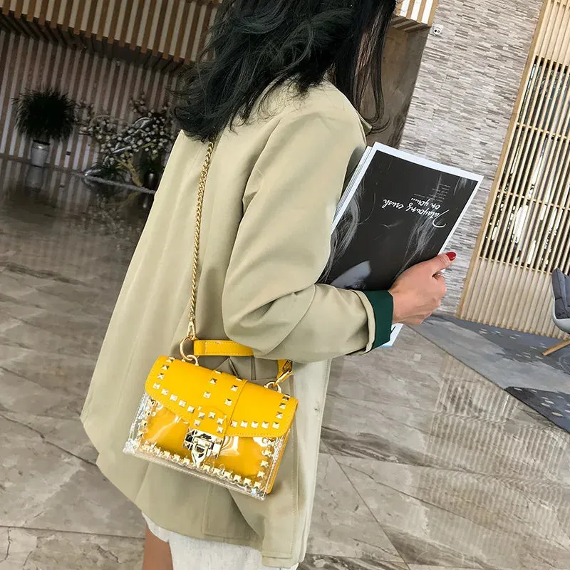 2022 New Chains Rivet Women Handbags Small White Black Pink Yellow Blue Pvc Hasp Handbags Summer Soft Shoulder Bags Cross Body