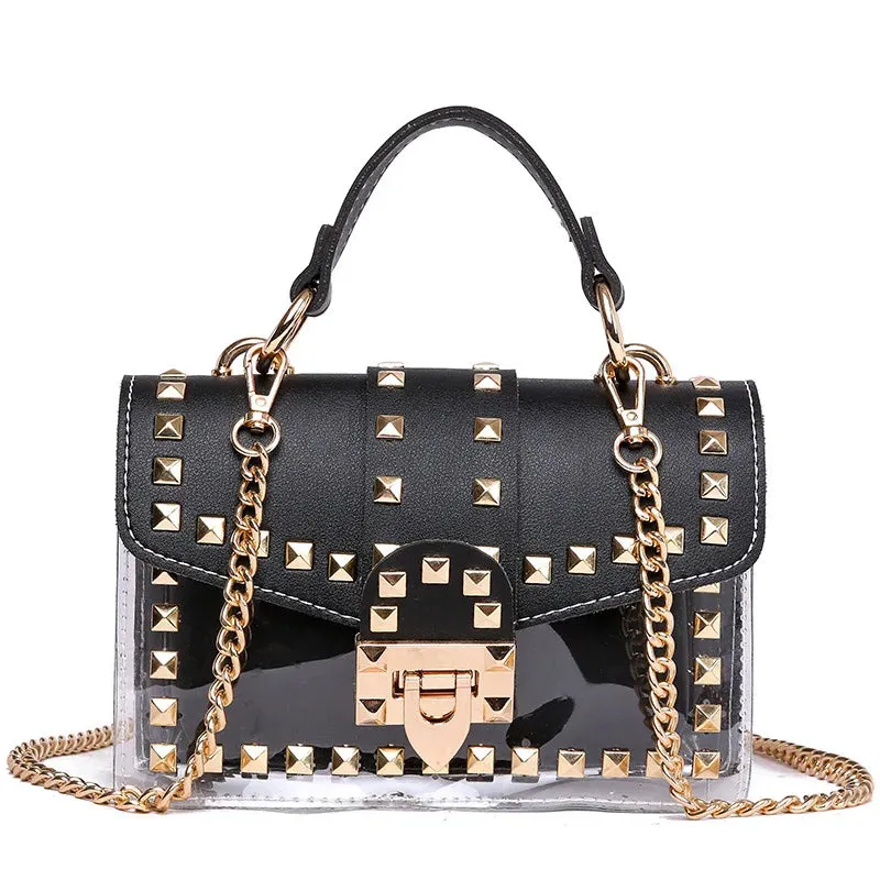 2022 New Chains Rivet Women Handbags Small White Black Pink Yellow Blue Pvc Hasp Handbags Summer Soft Shoulder Bags Cross Body