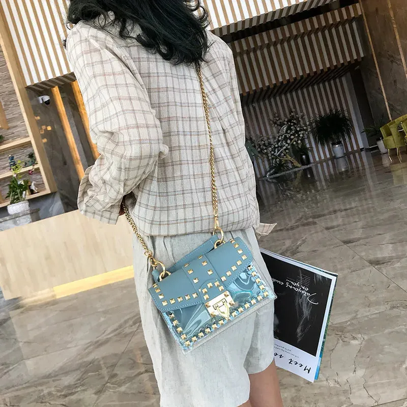 2022 New Chains Rivet Women Handbags Small White Black Pink Yellow Blue Pvc Hasp Handbags Summer Soft Shoulder Bags Cross Body
