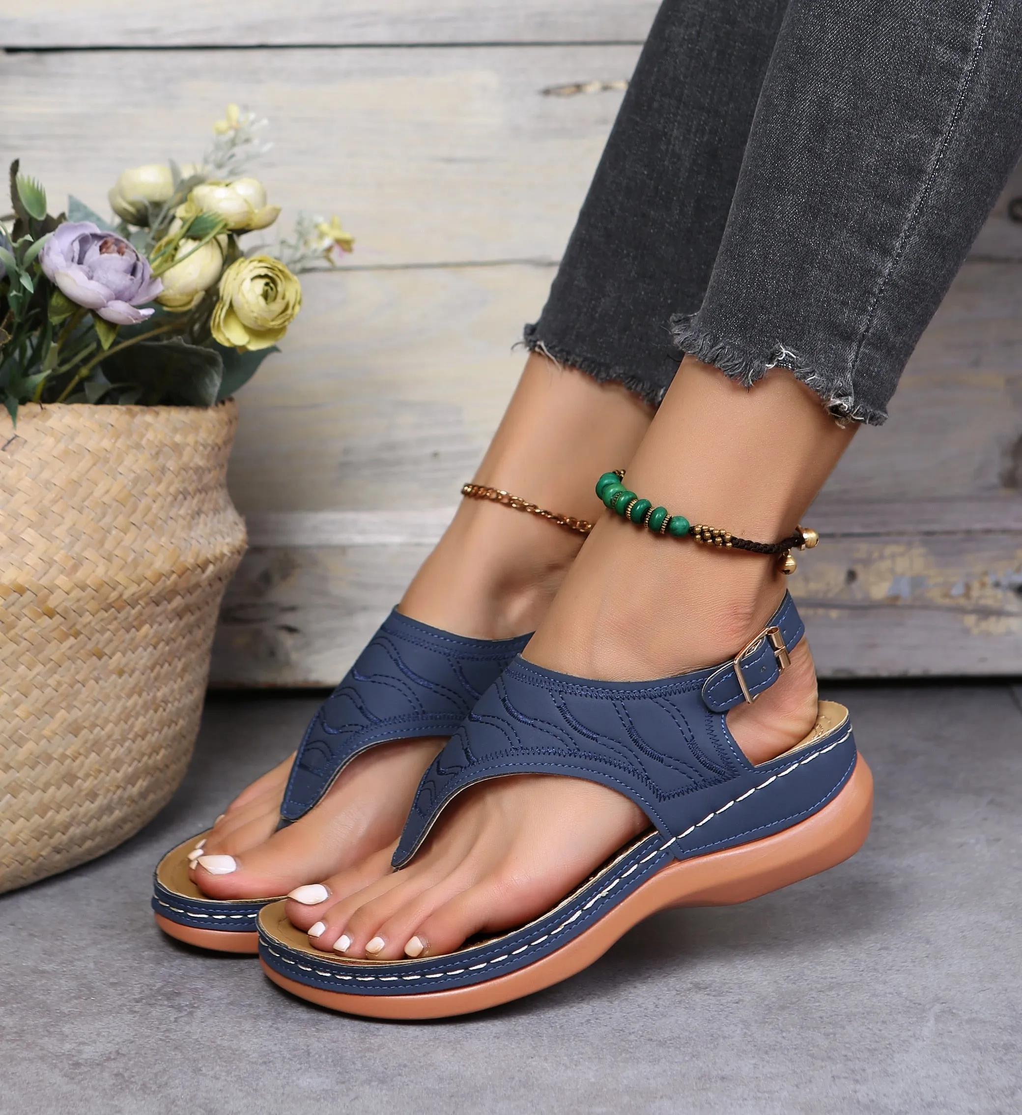2023 Summer Women Strap Sandals Women&#39;s Flats Open Toe Solid Casual Shoes Rome Wedges Thong Sandals Sexy Ladies Shoes