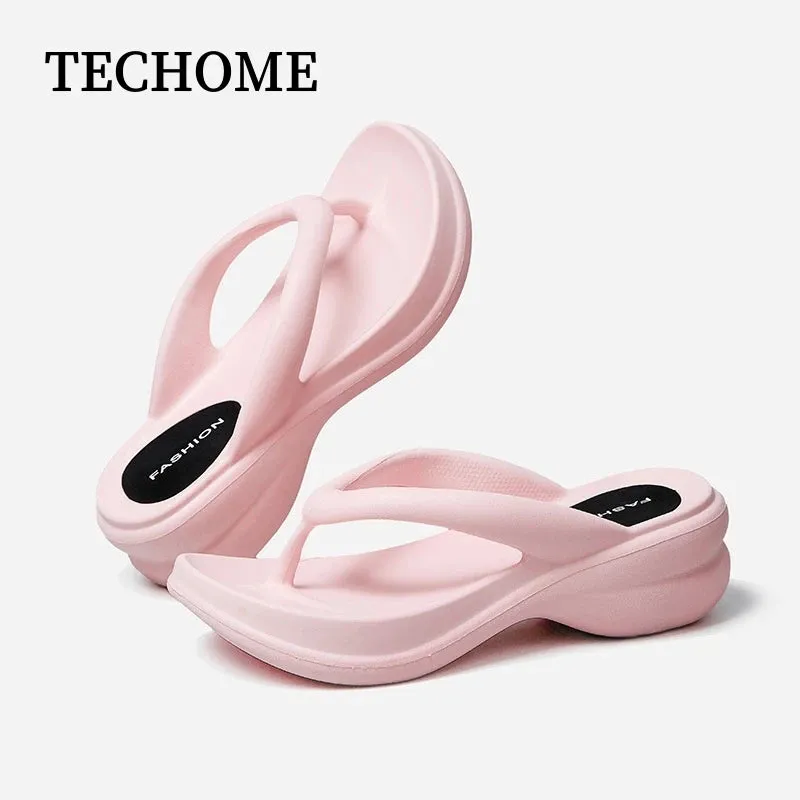 6CM Women Fashion High Heeled Slippers Summer Female Wedges Flip Flops Clip Thick Platform Sandals Beach Shoes Outdoor Slides