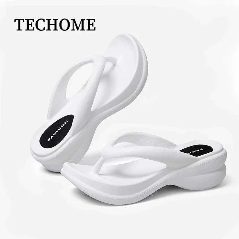6CM Women Fashion High Heeled Slippers Summer Female Wedges Flip Flops Clip Thick Platform Sandals Beach Shoes Outdoor Slides