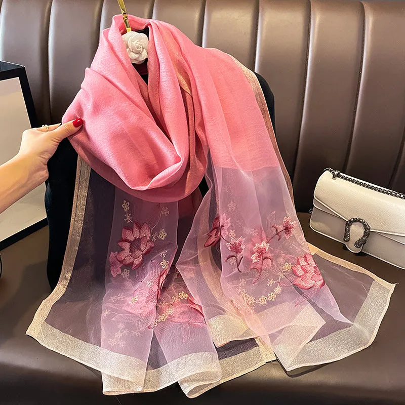 Autumn And Winter New Embroidered Silk Wool Scarf Women's Winter Warm Neck Air Conditioning Shawl Dual-purpose Outer Wear
