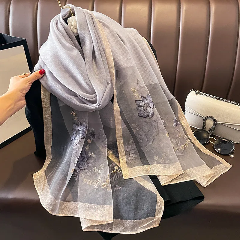 Autumn And Winter New Embroidered Silk Wool Scarf Women's Winter Warm Neck Air Conditioning Shawl Dual-purpose Outer Wear