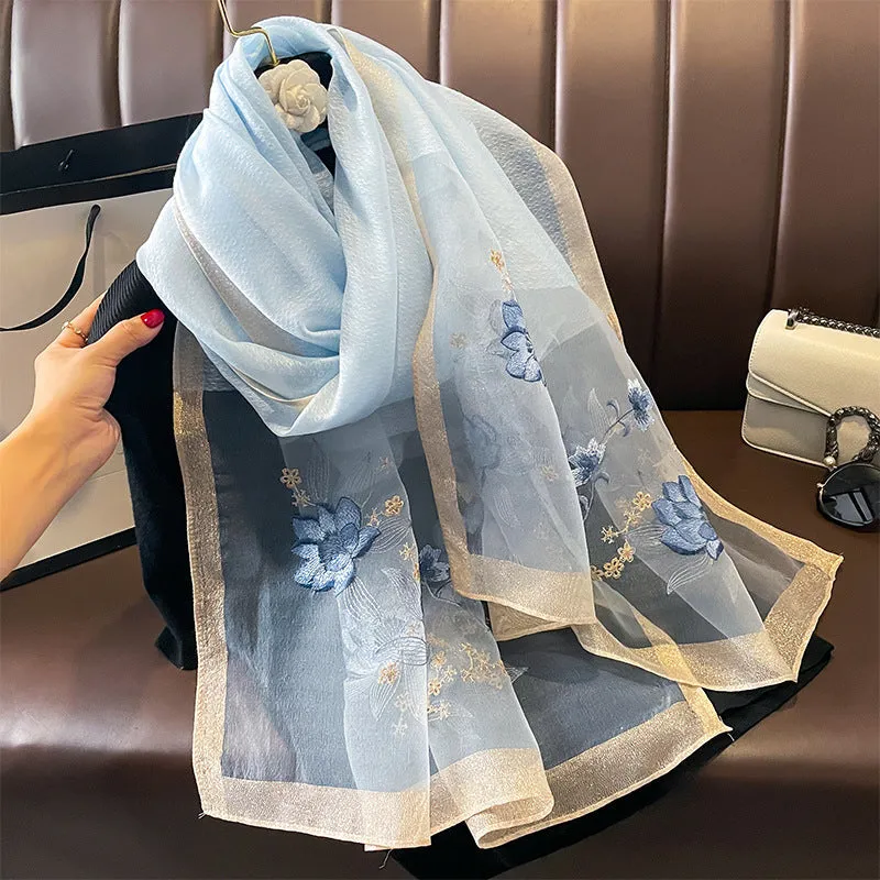 Autumn And Winter New Embroidered Silk Wool Scarf Women's Winter Warm Neck Air Conditioning Shawl Dual-purpose Outer Wear