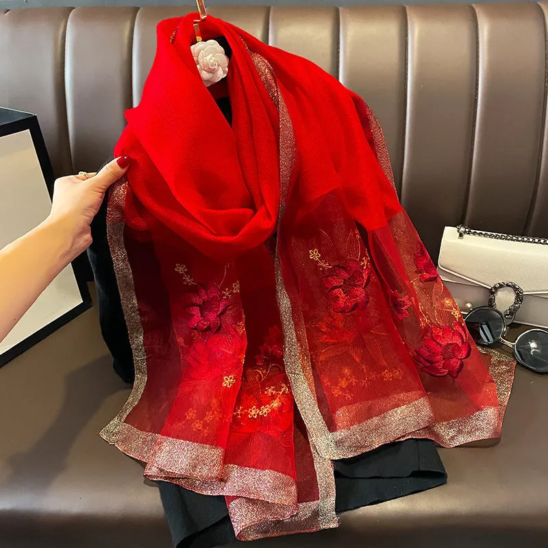 Autumn And Winter New Embroidered Silk Wool Scarf Women's Winter Warm Neck Air Conditioning Shawl Dual-purpose Outer Wear