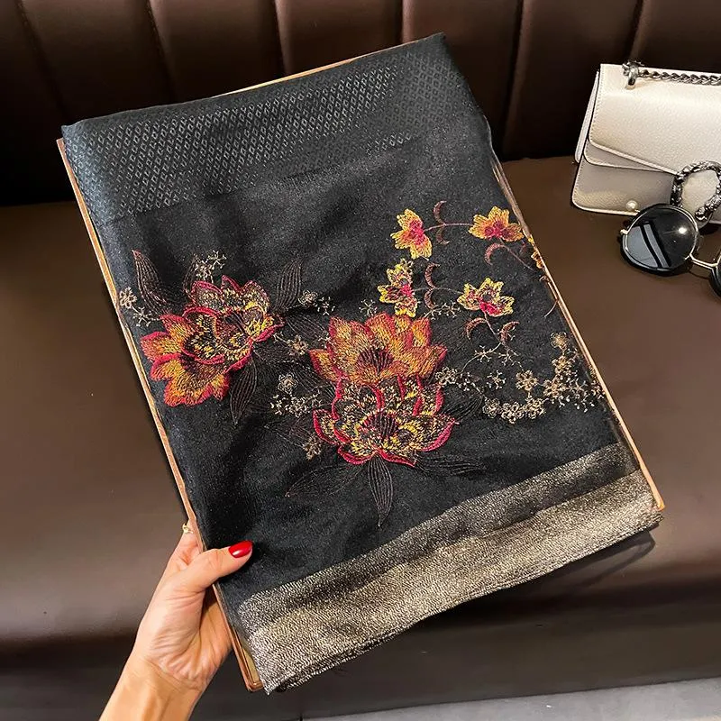 Autumn And Winter New Embroidered Silk Wool Scarf Women's Winter Warm Neck Air Conditioning Shawl Dual-purpose Outer Wear
