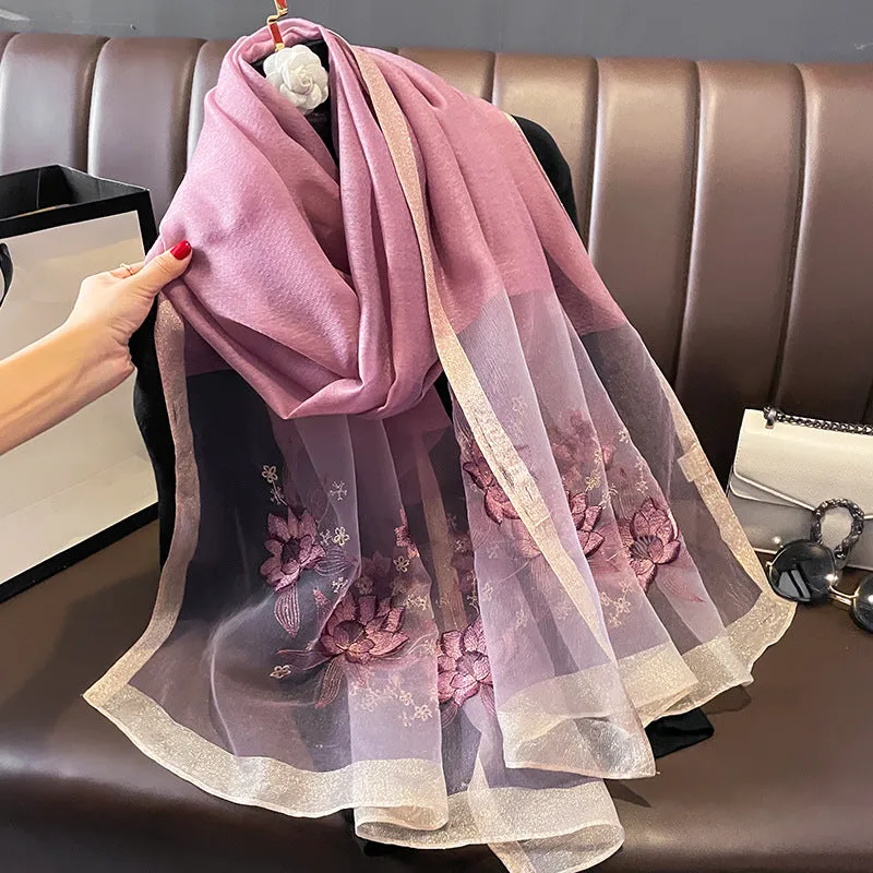 Autumn And Winter New Embroidered Silk Wool Scarf Women's Winter Warm Neck Air Conditioning Shawl Dual-purpose Outer Wear