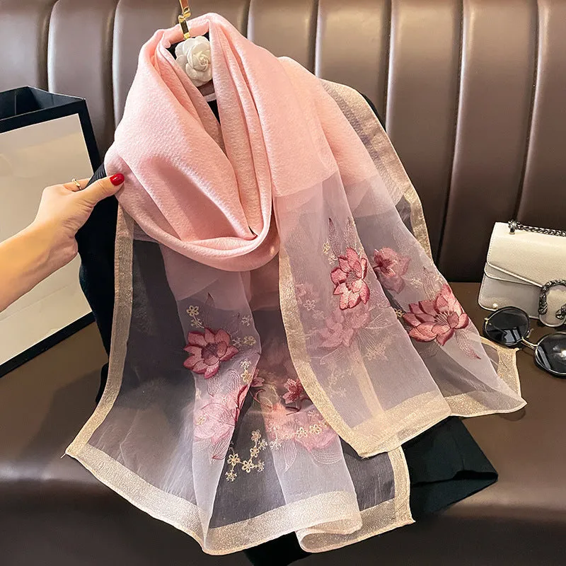 Autumn And Winter New Embroidered Silk Wool Scarf Women's Winter Warm Neck Air Conditioning Shawl Dual-purpose Outer Wear
