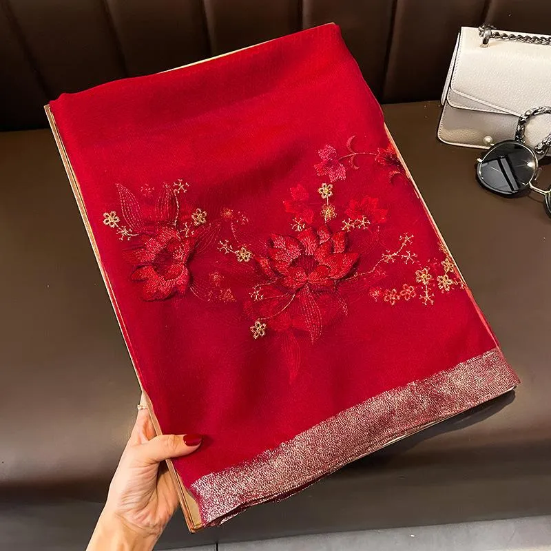 Autumn And Winter New Embroidered Silk Wool Scarf Women's Winter Warm Neck Air Conditioning Shawl Dual-purpose Outer Wear