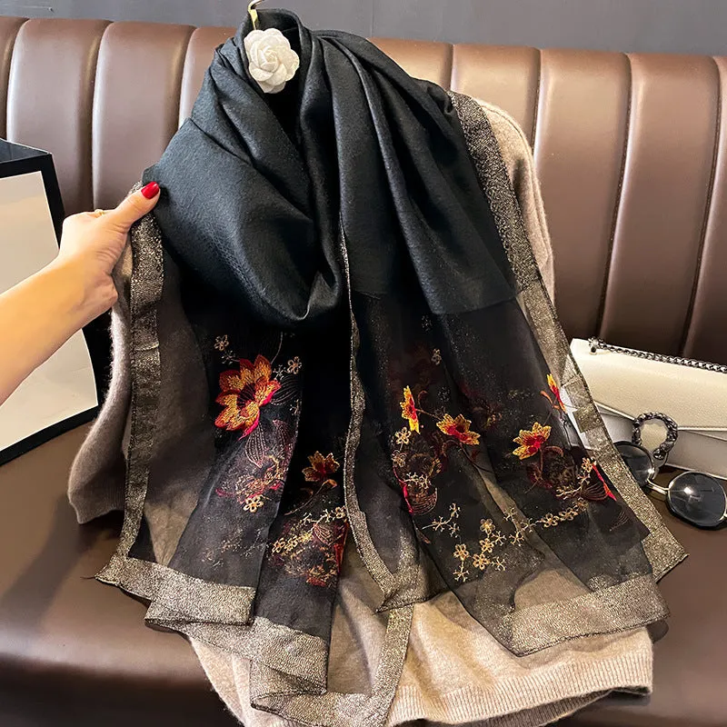 Autumn And Winter New Embroidered Silk Wool Scarf Women's Winter Warm Neck Air Conditioning Shawl Dual-purpose Outer Wear