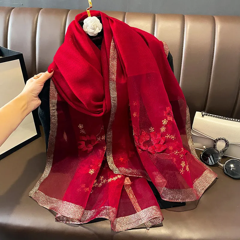 Autumn And Winter New Embroidered Silk Wool Scarf Women's Winter Warm Neck Air Conditioning Shawl Dual-purpose Outer Wear