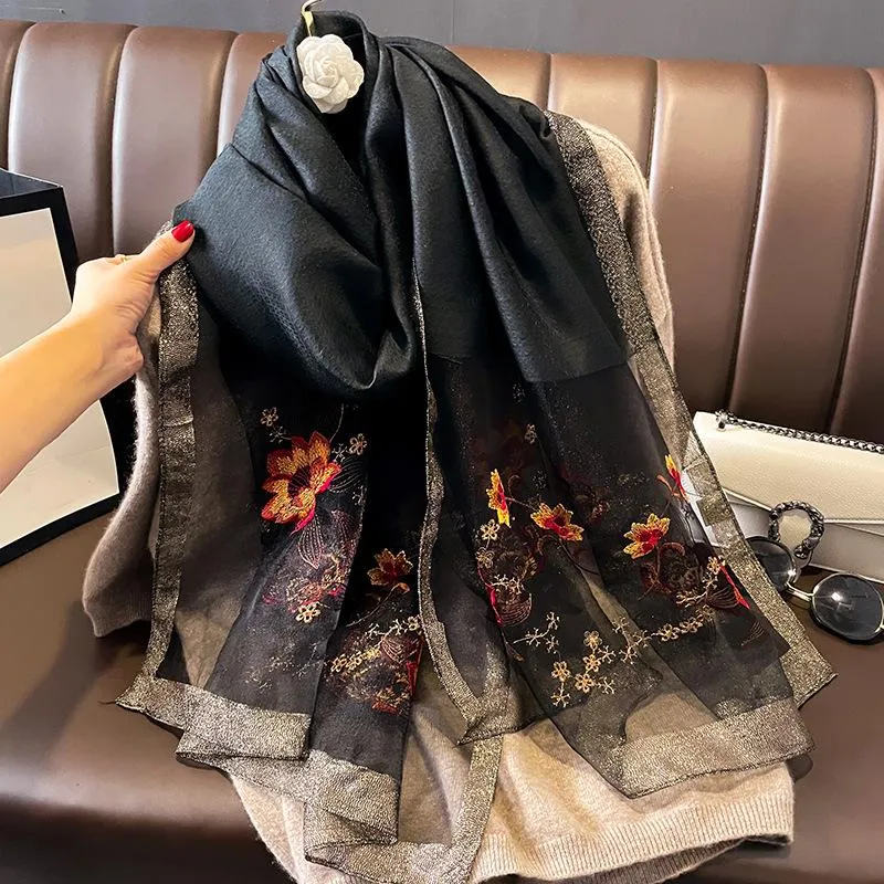 Autumn And Winter New Embroidered Silk Wool Scarf Women's Winter Warm Neck Air Conditioning Shawl Dual-purpose Outer Wear