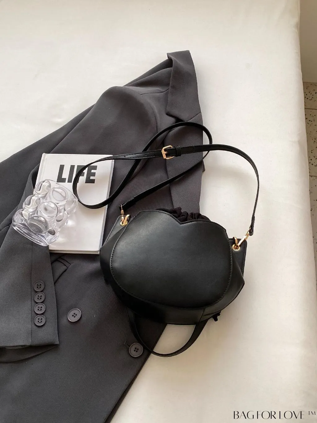 BagForLove - Chic Black Pu Drawstring Bucket Bag with Minimalist Design