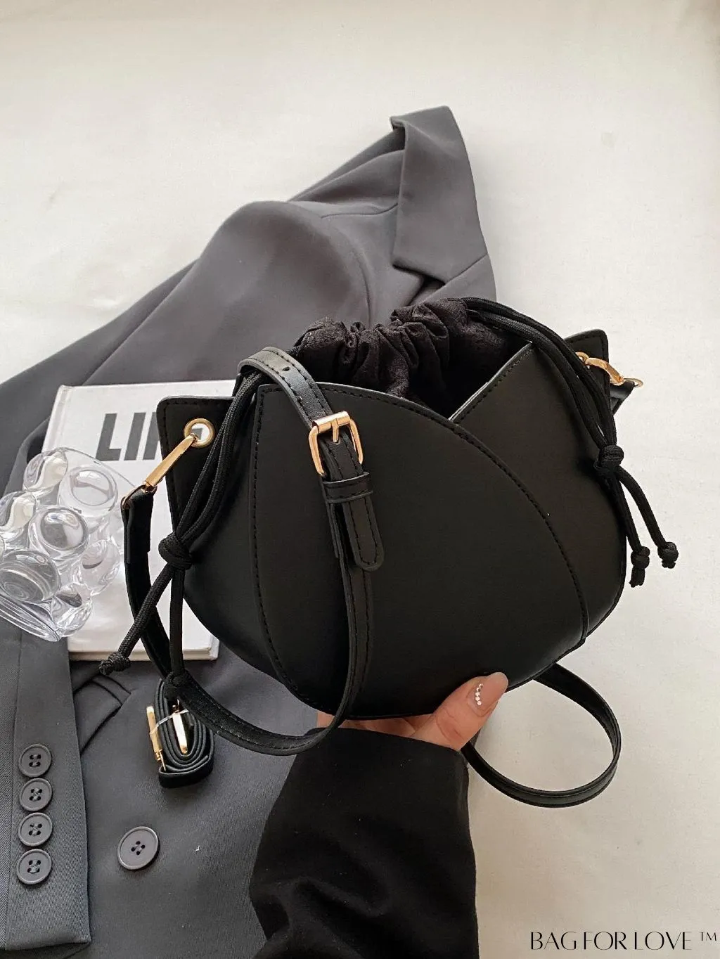 BagForLove - Chic Black Pu Drawstring Bucket Bag with Minimalist Design