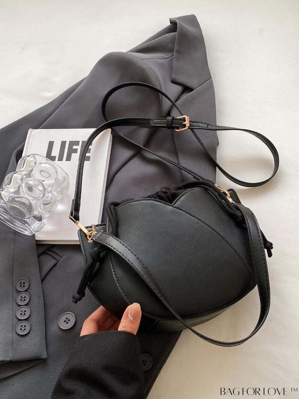 BagForLove - Chic Black Pu Drawstring Bucket Bag with Minimalist Design