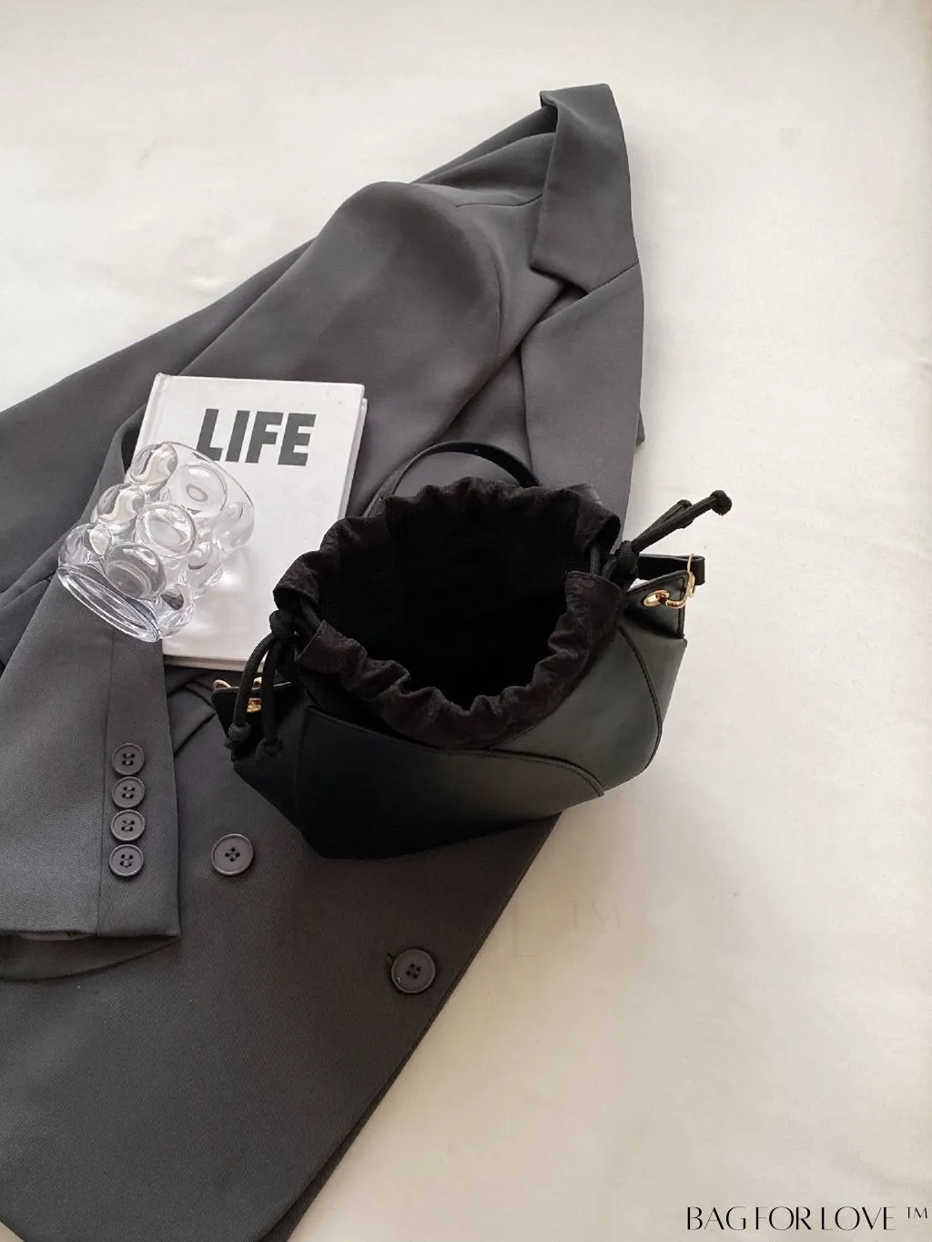 BagForLove - Chic Black Pu Drawstring Bucket Bag with Minimalist Design