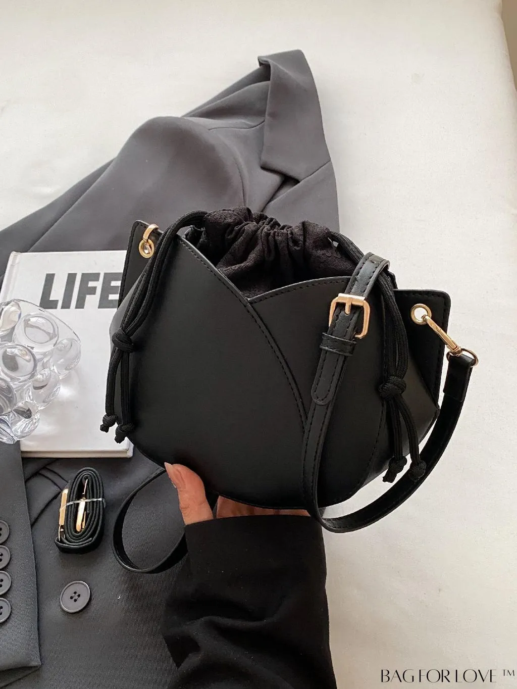 BagForLove - Chic Black Pu Drawstring Bucket Bag with Minimalist Design