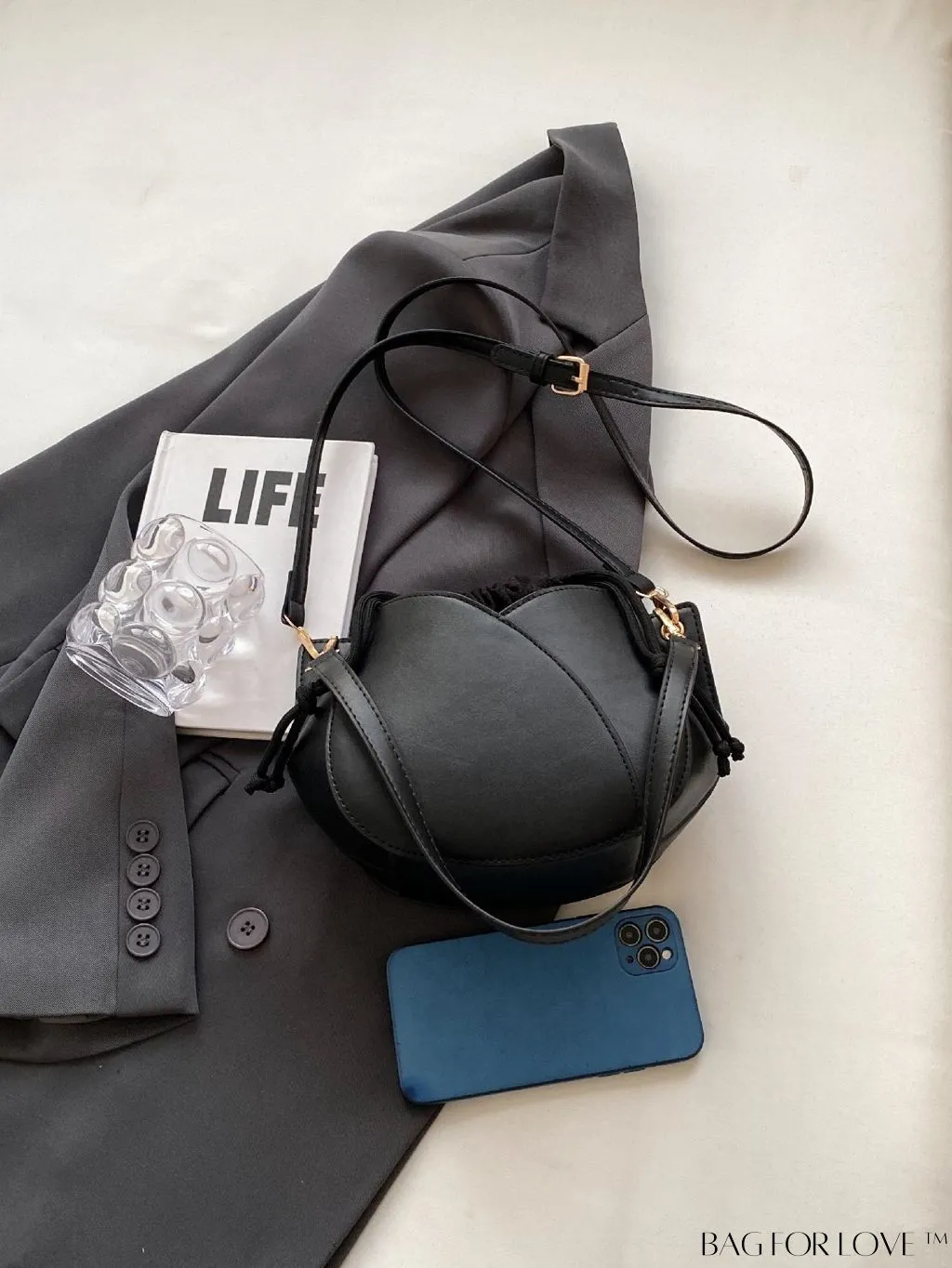 BagForLove - Chic Black Pu Drawstring Bucket Bag with Minimalist Design