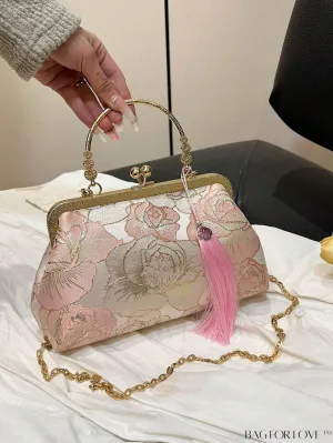 BagForLove - Chic Floral Square Bag with Embroidery, Kiss Lock Closure, and Tassel Detailing