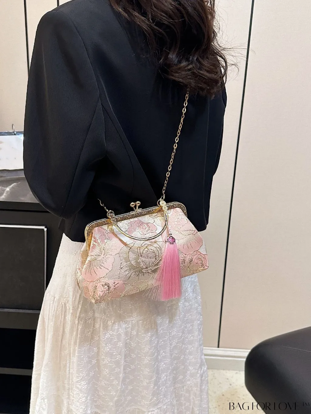 BagForLove - Chic Floral Square Bag with Embroidery, Kiss Lock Closure, and Tassel Detailing