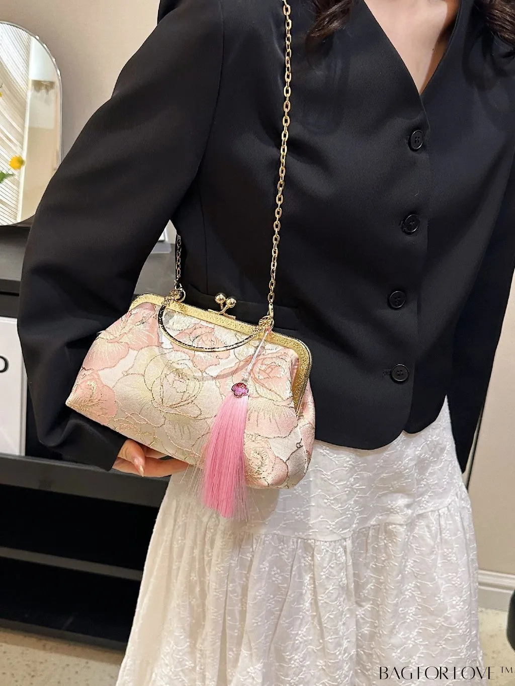 BagForLove - Chic Floral Square Bag with Embroidery, Kiss Lock Closure, and Tassel Detailing