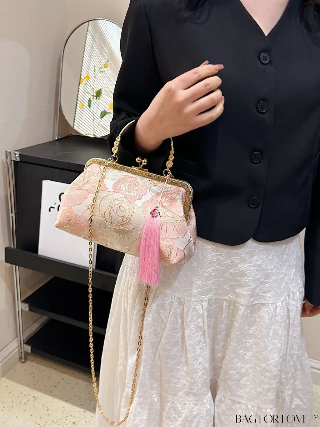BagForLove - Chic Floral Square Bag with Embroidery, Kiss Lock Closure, and Tassel Detailing