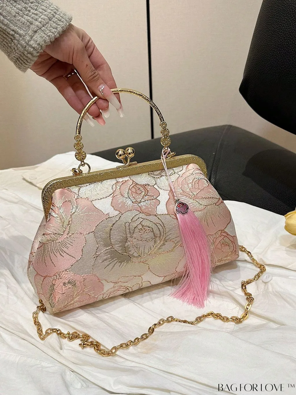 BagForLove - Chic Floral Square Bag with Embroidery, Kiss Lock Closure, and Tassel Detailing