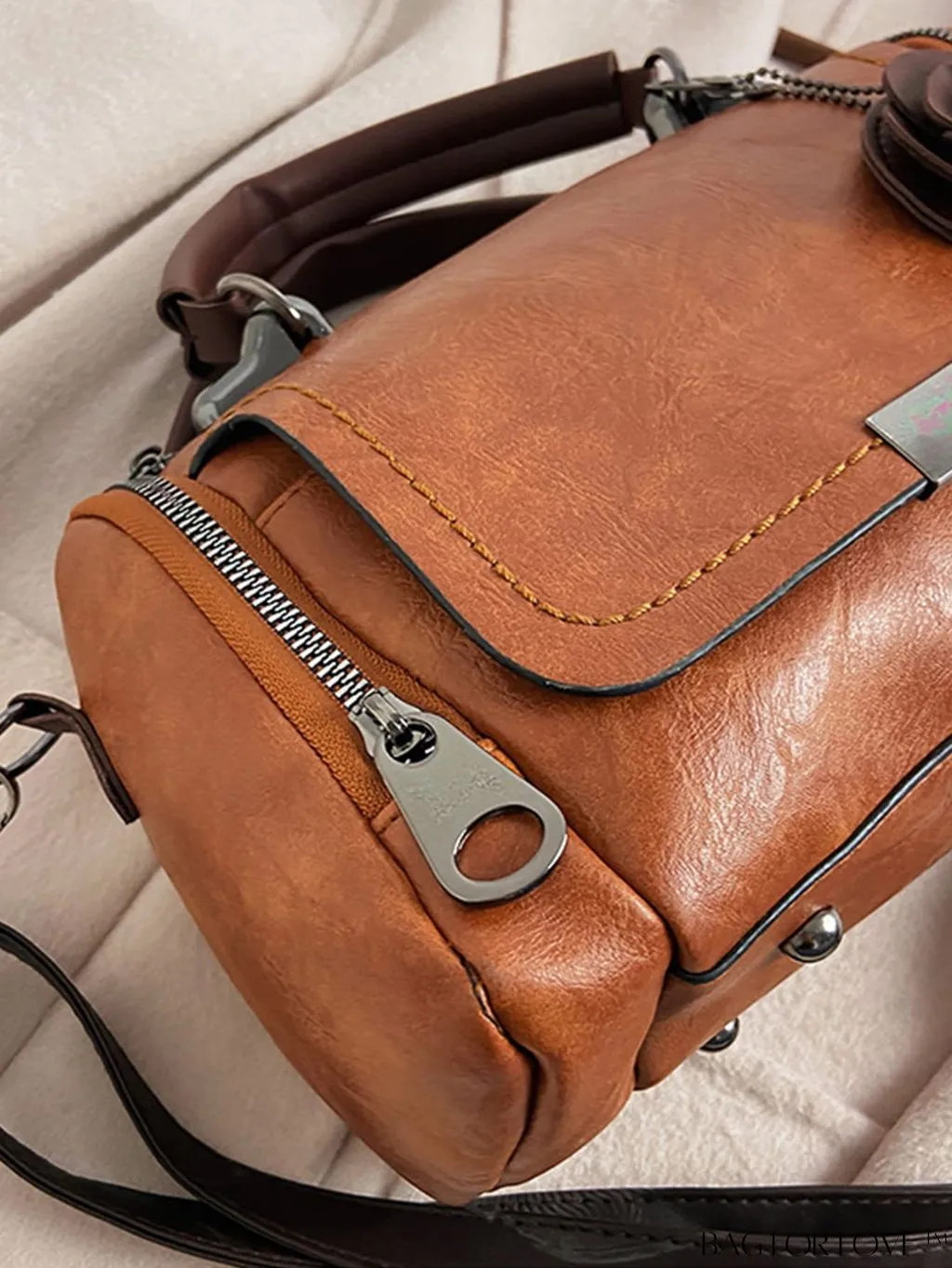 BagForLove - Chic Metal Lock Flap Boston Bag Featuring Elegant Flower Charm