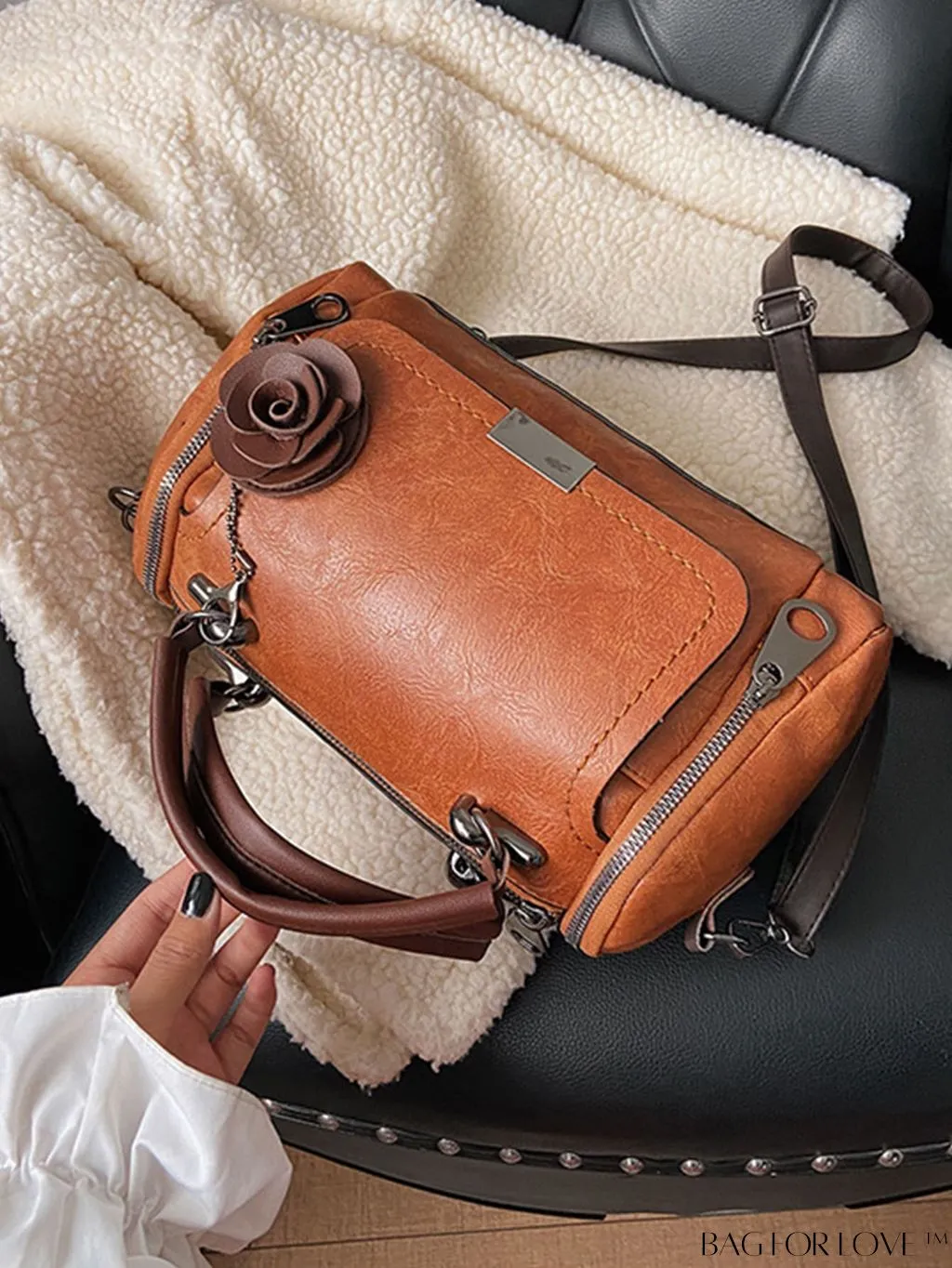 BagForLove - Chic Metal Lock Flap Boston Bag Featuring Elegant Flower Charm