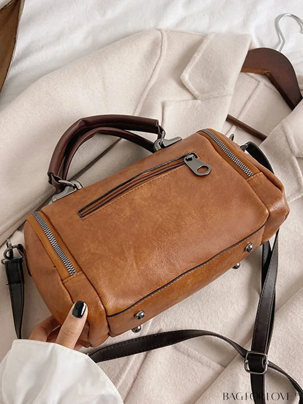 BagForLove - Chic Metal Lock Flap Boston Bag Featuring Elegant Flower Charm