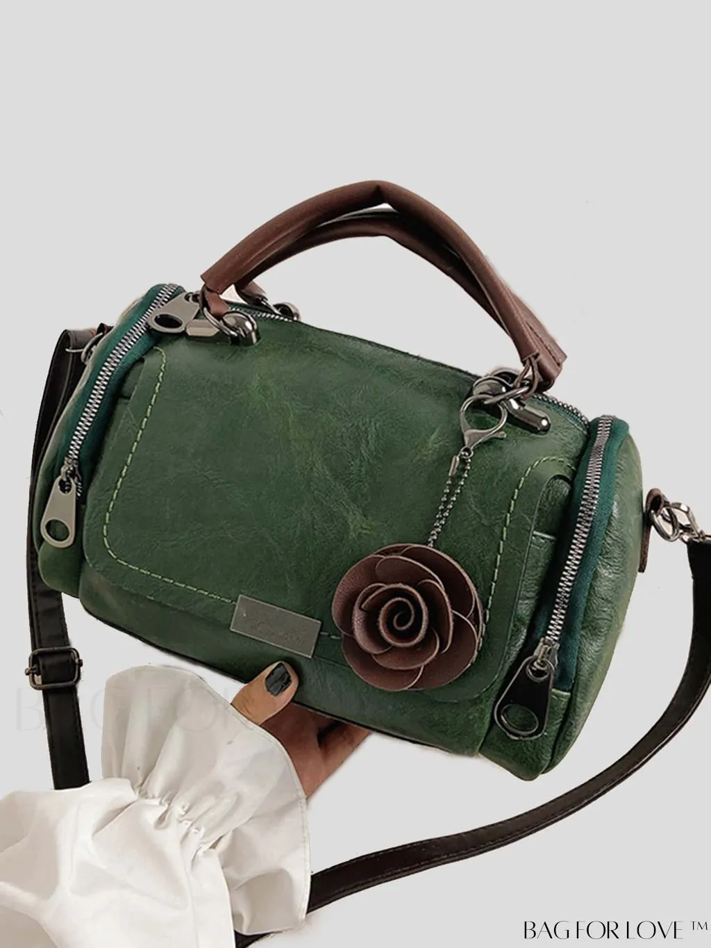 BagForLove - Chic Metal Lock Flap Boston Bag Featuring Elegant Flower Charm