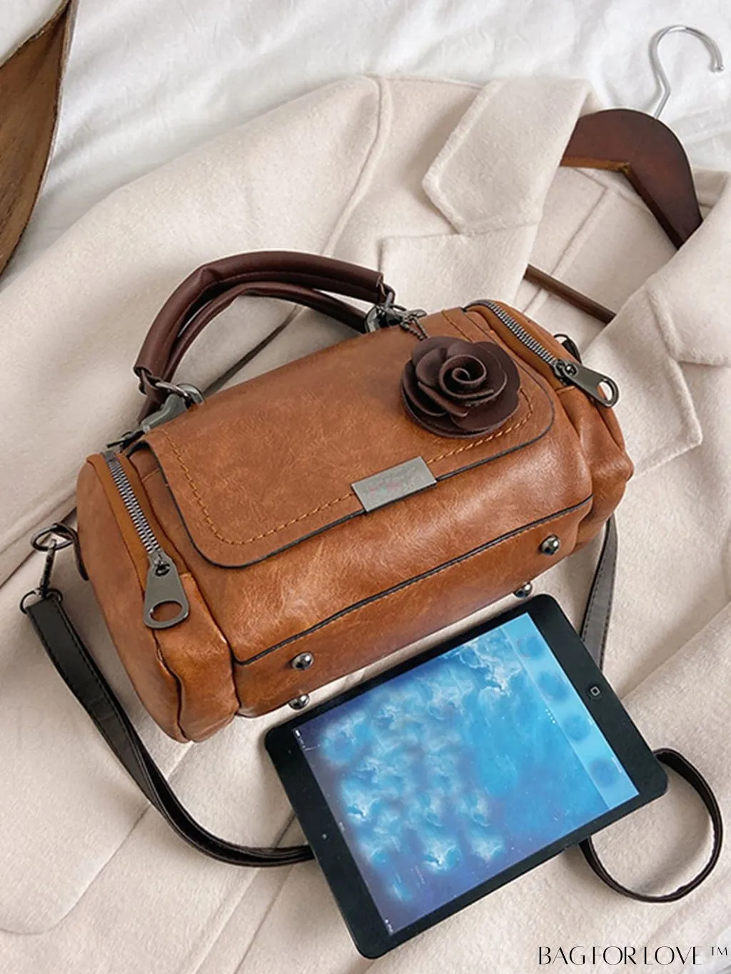 BagForLove - Chic Metal Lock Flap Boston Bag Featuring Elegant Flower Charm