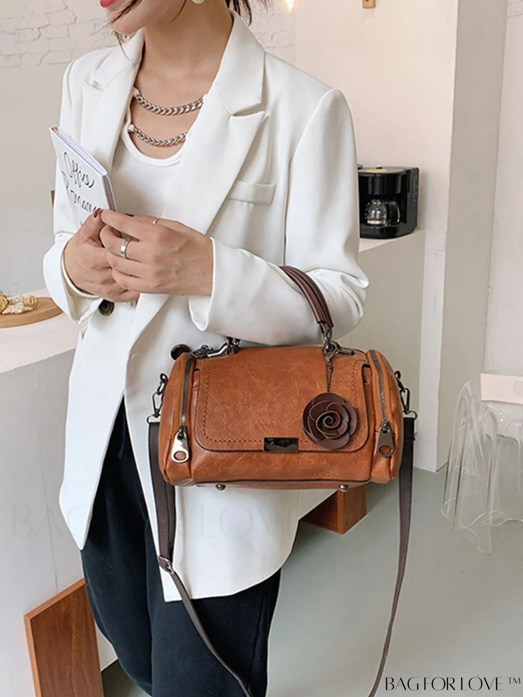 BagForLove - Chic Metal Lock Flap Boston Bag Featuring Elegant Flower Charm