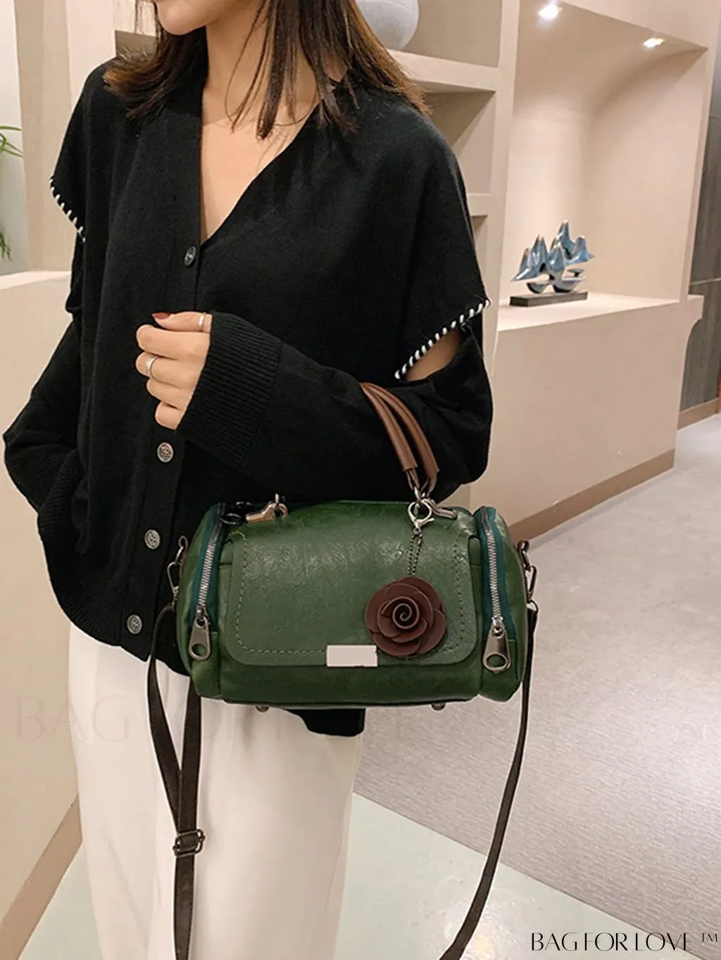 BagForLove - Chic Metal Lock Flap Boston Bag Featuring Elegant Flower Charm
