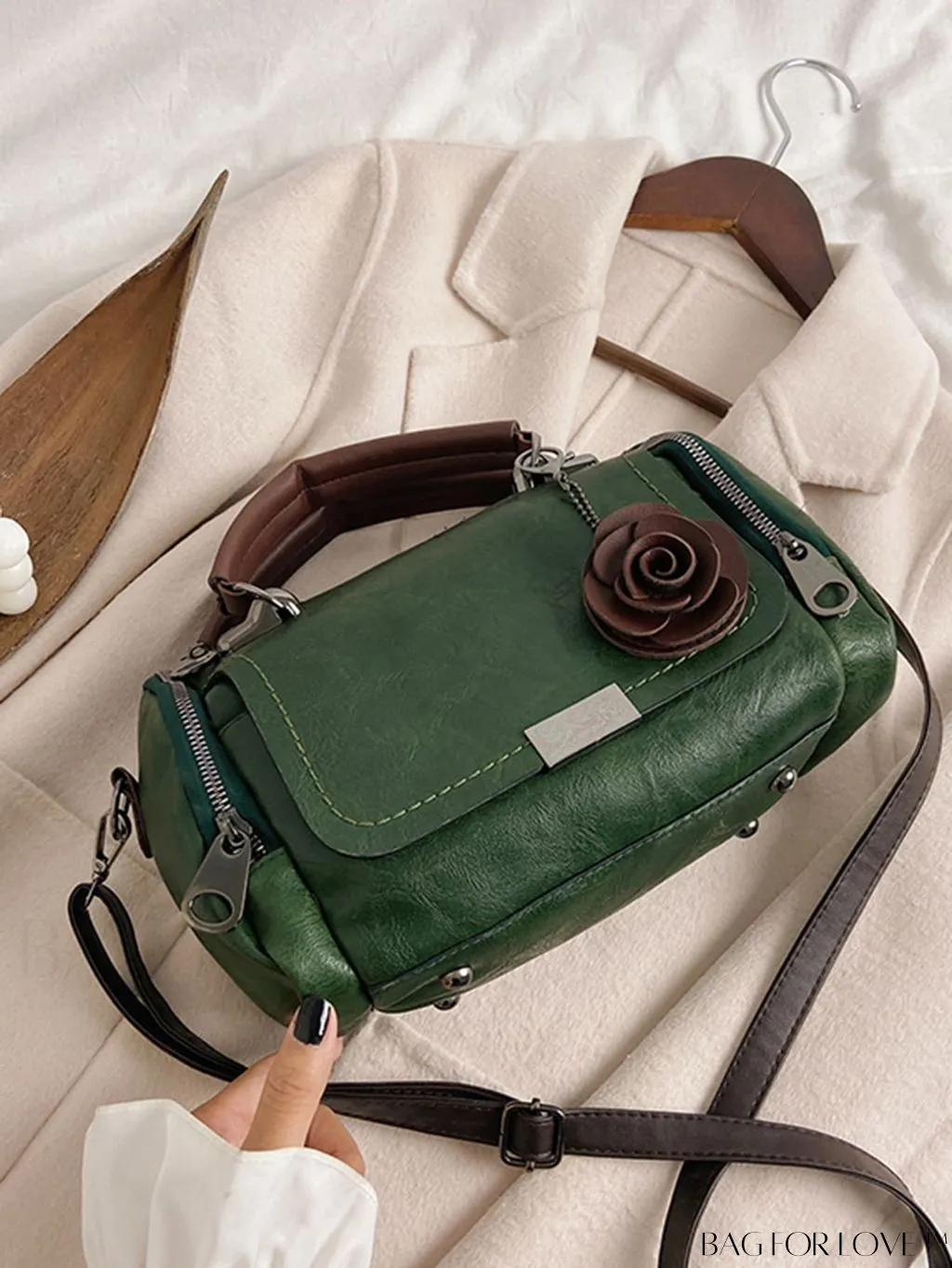 BagForLove - Chic Metal Lock Flap Boston Bag Featuring Elegant Flower Charm