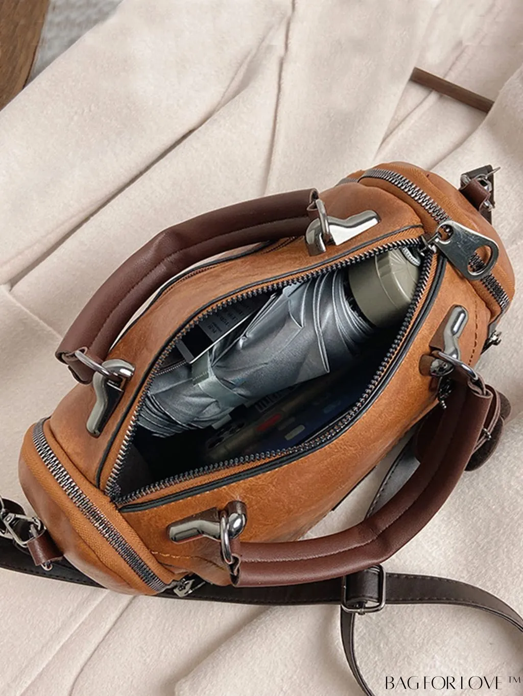 BagForLove - Chic Metal Lock Flap Boston Bag Featuring Elegant Flower Charm
