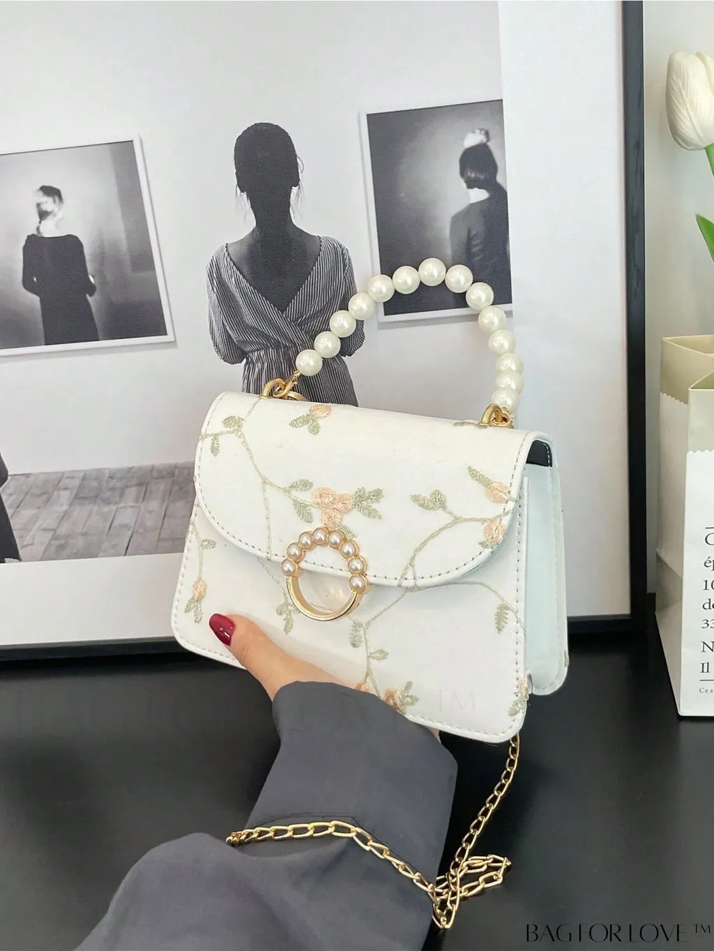 BagForLove - Chic Mini Square Bag with Flower Embroidery and Faux Pearl Accents