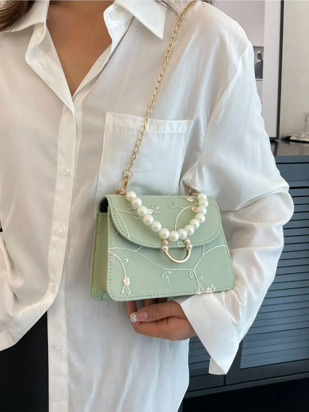 BagForLove - Chic Mini Square Bag with Flower Embroidery and Faux Pearl Accents