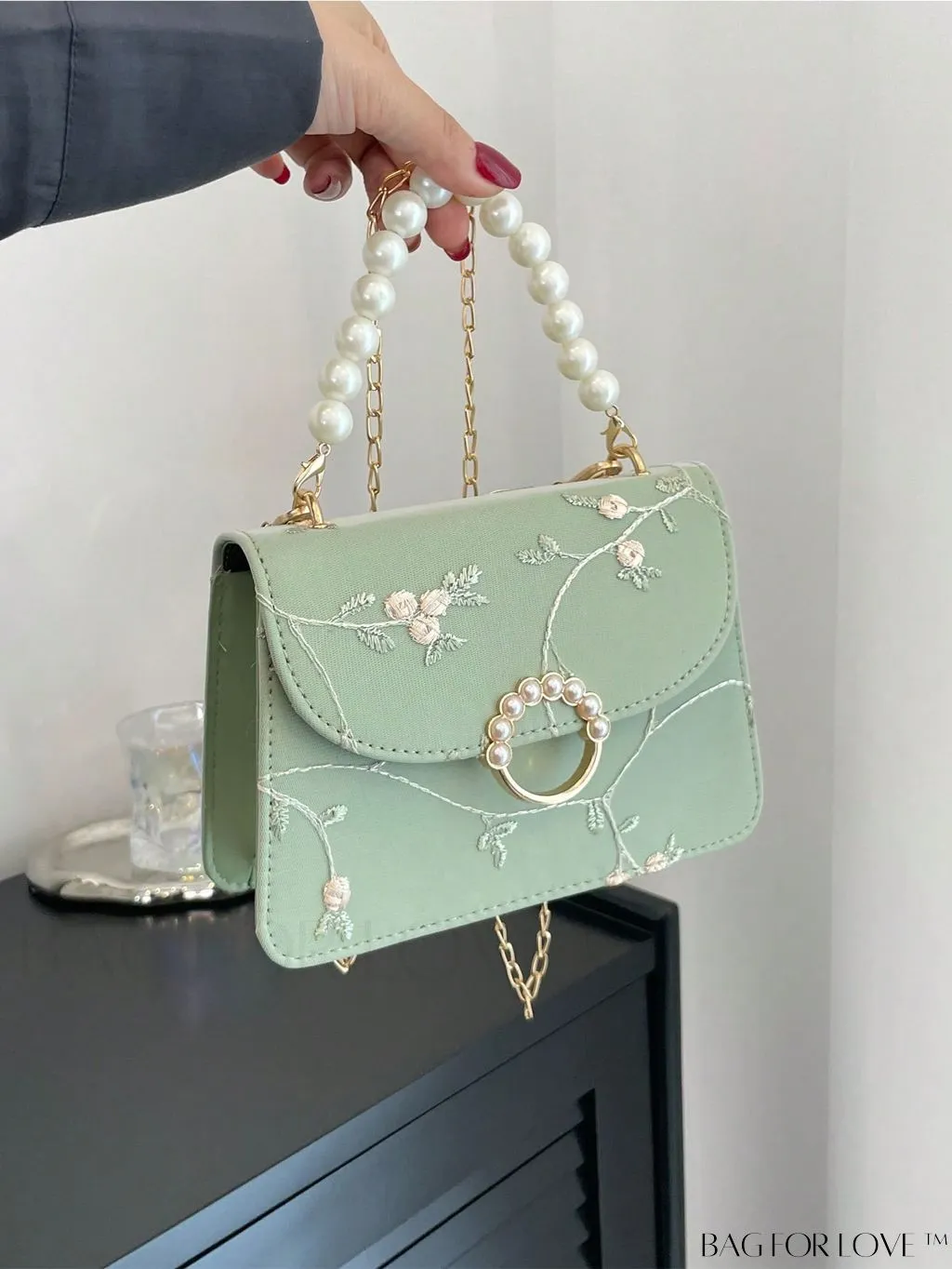 BagForLove - Chic Mini Square Bag with Flower Embroidery and Faux Pearl Accents