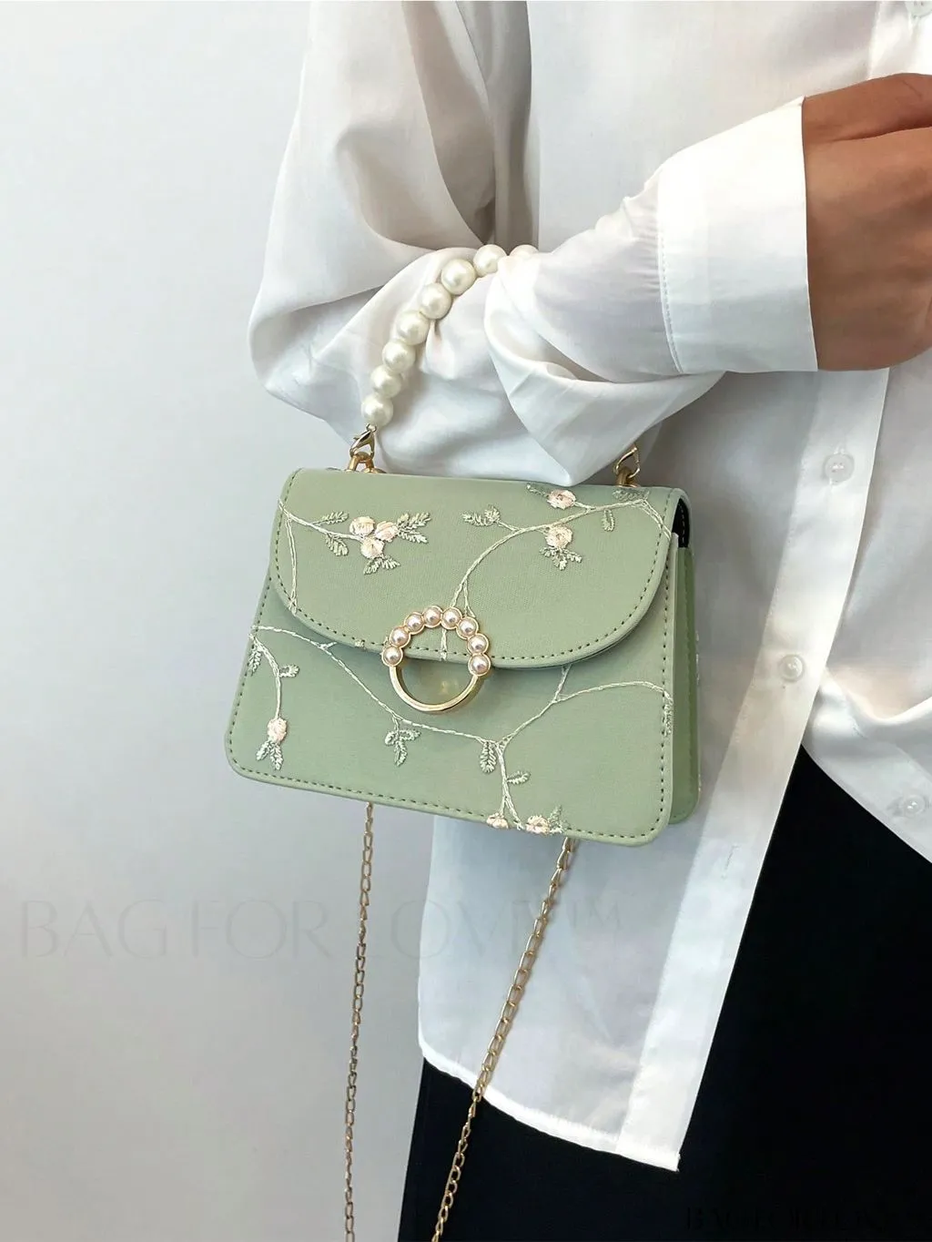 BagForLove - Chic Mini Square Bag with Flower Embroidery and Faux Pearl Accents