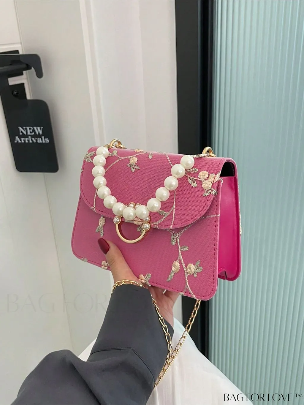 BagForLove - Chic Mini Square Bag with Flower Embroidery and Faux Pearl Accents