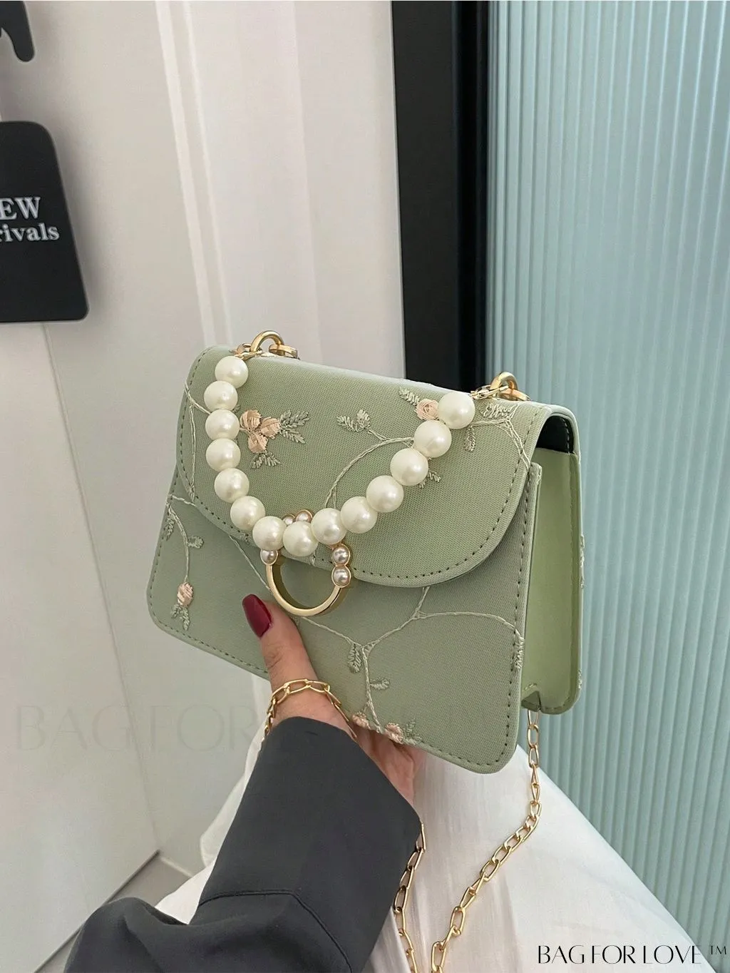 BagForLove - Chic Mini Square Bag with Flower Embroidery and Faux Pearl Accents