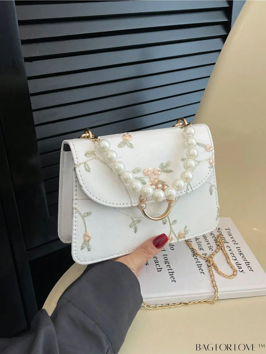 BagForLove - Chic Mini Square Bag with Flower Embroidery and Faux Pearl Accents