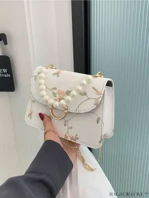 BagForLove - Chic Mini Square Bag with Flower Embroidery and Faux Pearl Accents