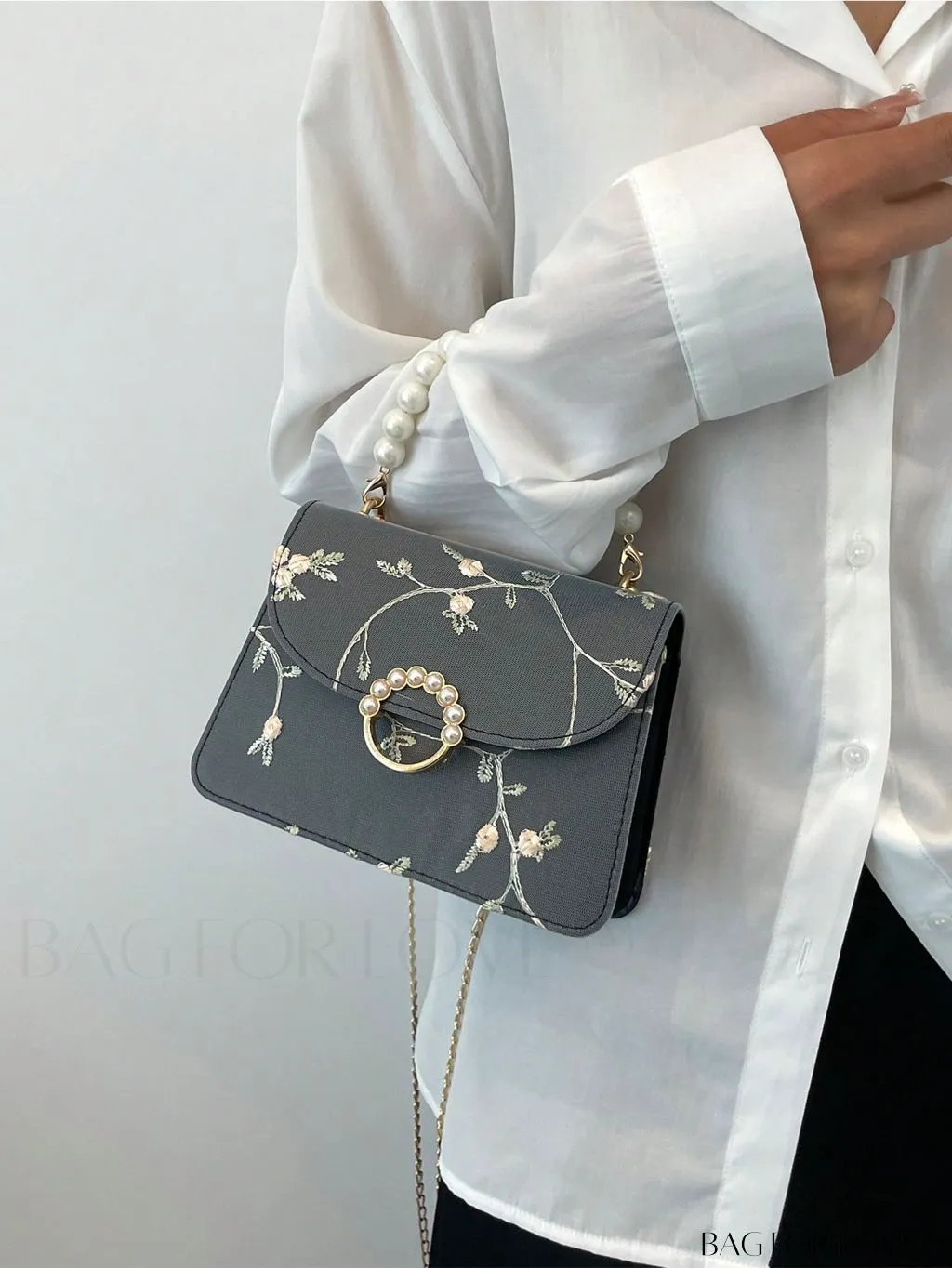 BagForLove - Chic Mini Square Bag with Flower Embroidery and Faux Pearl Accents